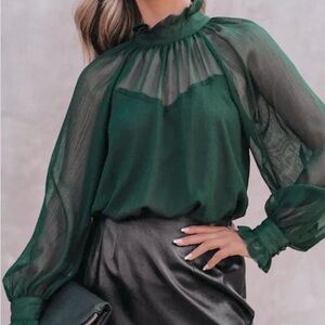 Boutique Deep Forest Green Chiffon Blouse With Bishop Sleeves